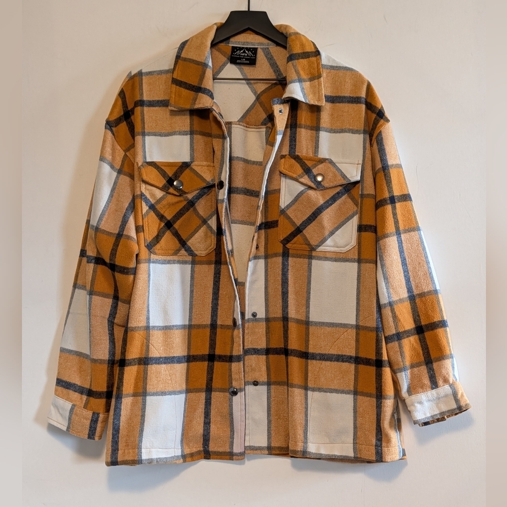 HFX Plaid Wool Blend Shacket Jacket Large Flannel Feel Coat Soft Cozy Winter